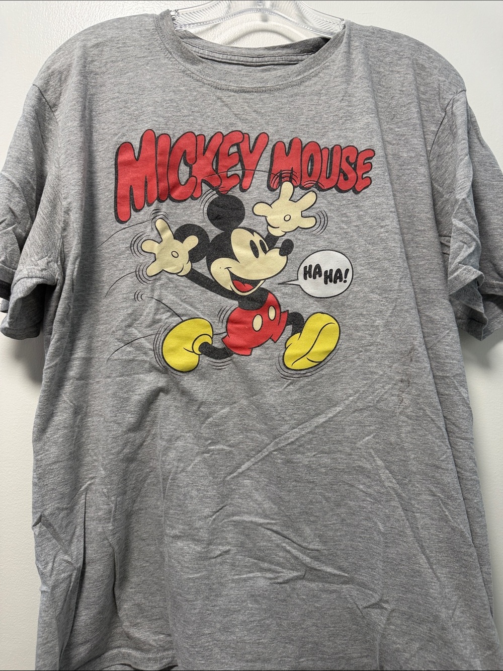 Disney Mickey Mouse Gray Graphic Tee with Red, Yellow, Black Accents